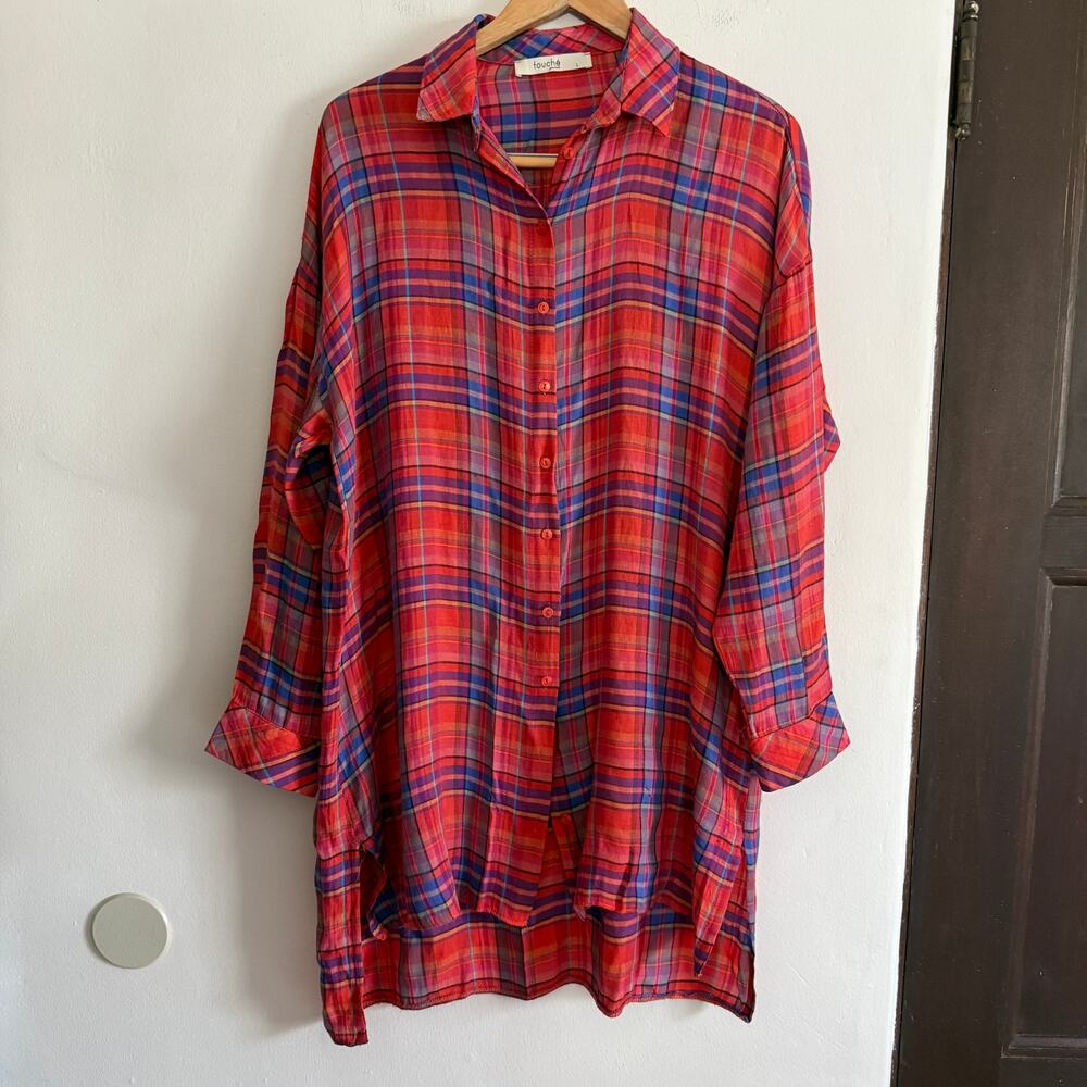 TOUCHE PRIVE Red and Blue Plaid Lightweight Tunic Shirtdress Large